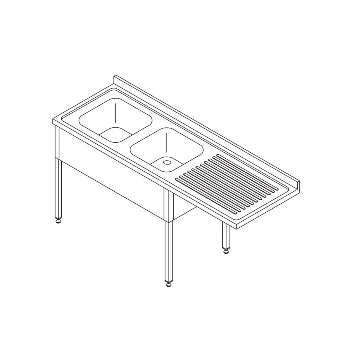 Table lave-vaisselle - 200 x 70 cm - gauche - avec 2 éviers et dosseret - incl étagère de rangement