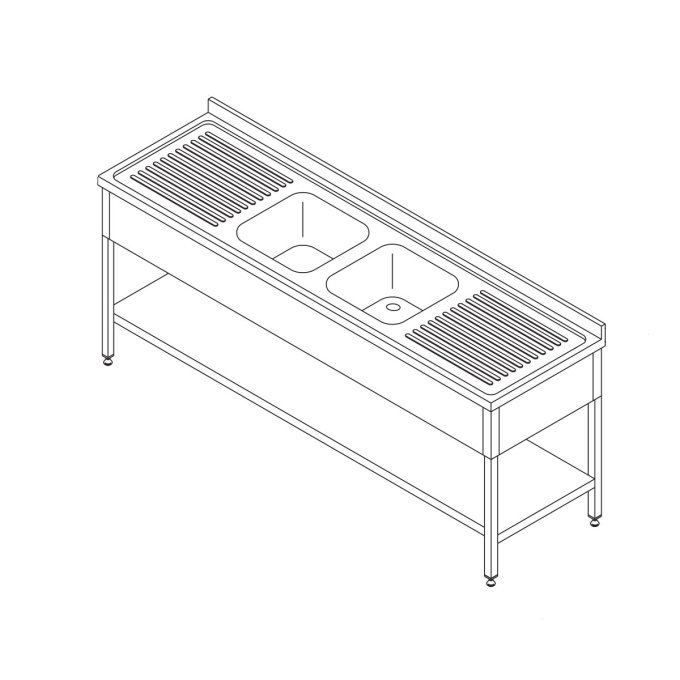 Table lave-vaisselle - 190 x 70 cm - avec 2 éviers et dosseret - incl étagère de rangement