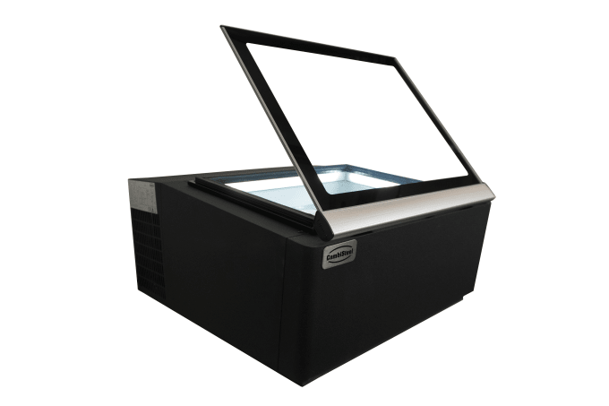 MODÈLE DE TABLE VITRINE À CREME GLACÉE NOIR  S'OUVRE DU CÔTÉ FONCTIONNEMENT