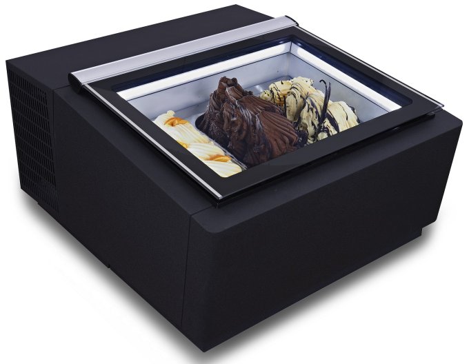 MODÈLE DE TABLE VITRINE À CREME GLACÉE NOIR  S'OUVRE DU CÔTÉ CLIENT