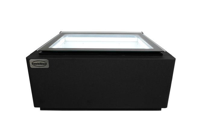 MODÈLE DE TABLE VITRINE À CREME GLACÉE NOIR  S'OUVRE DU CÔTÉ CLIENT