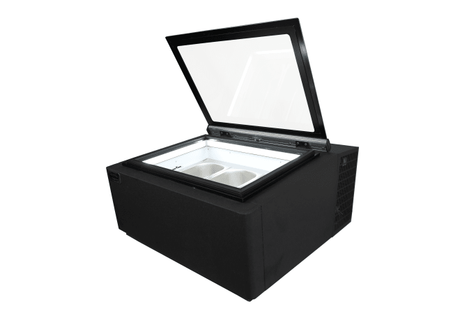 MODÈLE DE TABLE VITRINE À CREME GLACÉE NOIR  S'OUVRE DU CÔTÉ CLIENT