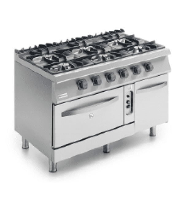 Cuisinière gaz sur four gaz statique GN 2/1 et armoire fermée, 6 brûleurs VIRTUS MS712CFG