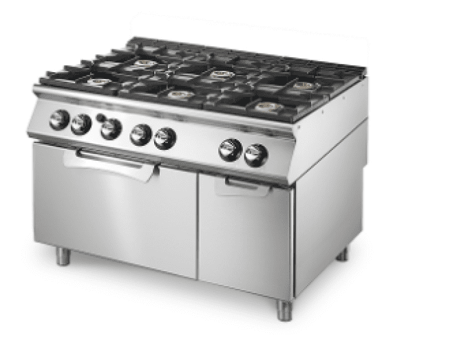 Cuisinière gaz sur four gaz statique GN 2/1 et armoire fermée, 6 brûleurs VIRTUS VS70120CFG