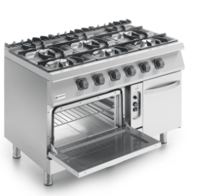 Cuisinière gaz sur four gaz statique GN 2/1 et armoire fermée, 6 brûleurs VIRTUS MS712CFG