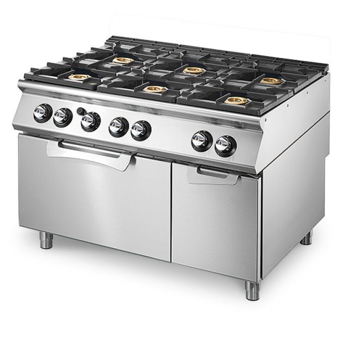 Cuisinière gaz sur four gaz statique GN 2/1 et armoire fermée, 6 brûleurs VIRTUS VS90120CFG